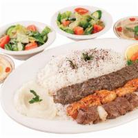 Maestro Mega Mix · Serves for two people. A triple treat of tender beef, kafta, and chicken kebab grilled to pe...
