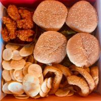 Family Box · Four Big burgers, eight wings, fries, onion rings. All burgers come with Roma tomato, leaf l...