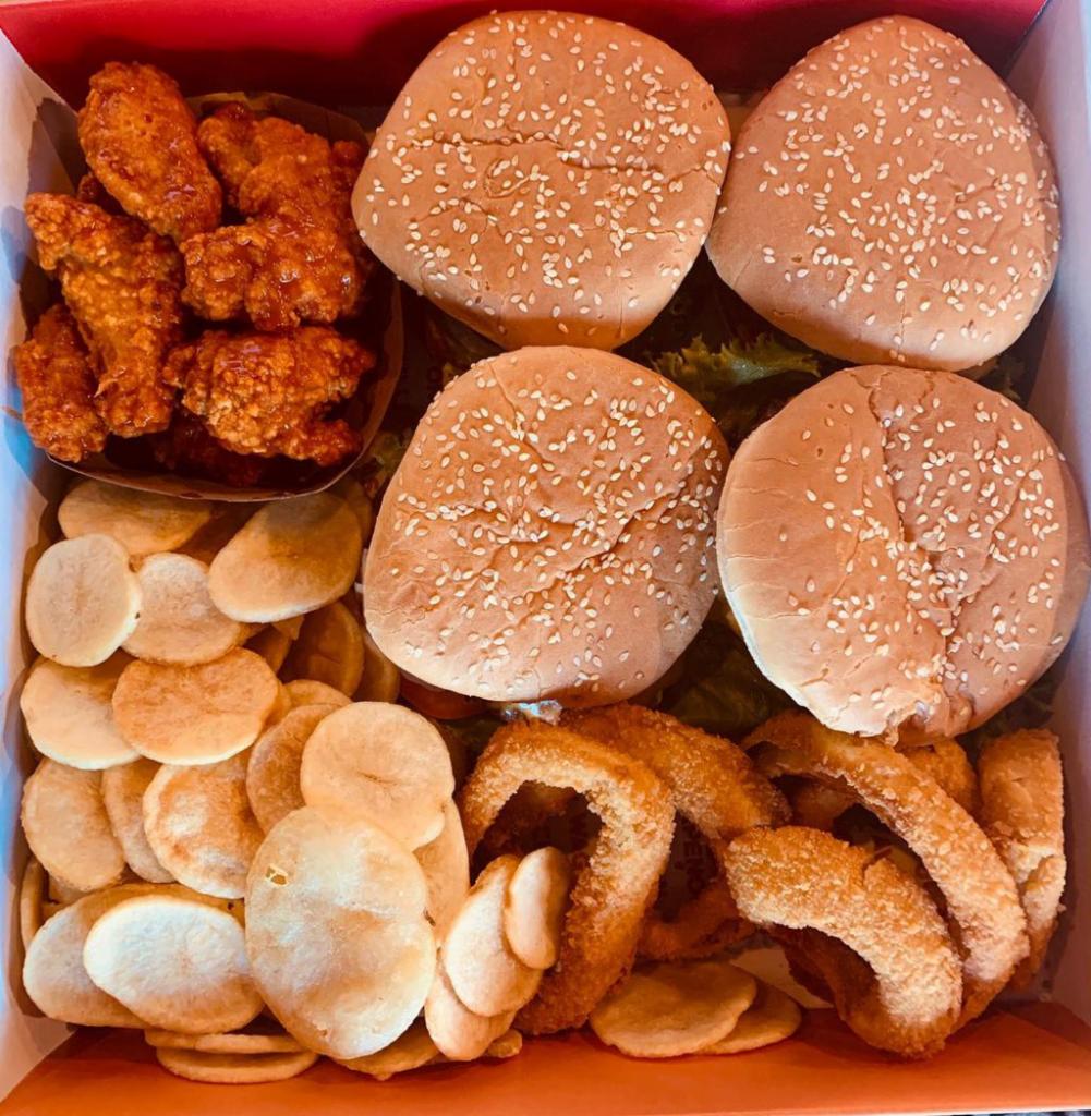 Family Box · Four Big burgers, eight wings, fries, onion rings. All burgers come with Roma tomato, leaf lettuce, shaved onions, American cheese, pickles and house sauce. Choice of 2 patty types and wing sauce.