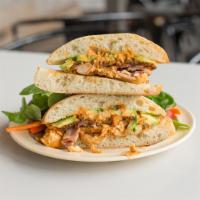 Chicken Pesto Sandwich · Free-range chicken breast, caramelized onion, sundried tomatoes, and provolone with pesto ai...