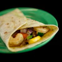 Shrimp Wrap · Tasty shrimp wrapped up on the grill in a flour tortilla with onion and mushrooms.