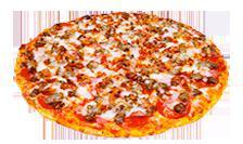 Mighty Meaty Pizza · Loaded up with pepperoni, ham, bacon, hamburger, sausage and mozzarella.