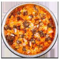 Bacon Cheeseburger Pizza · Burger served on a pizza, pilled high with Hamburger, Bacon, Onion, Cheddar and 100% mozzare...