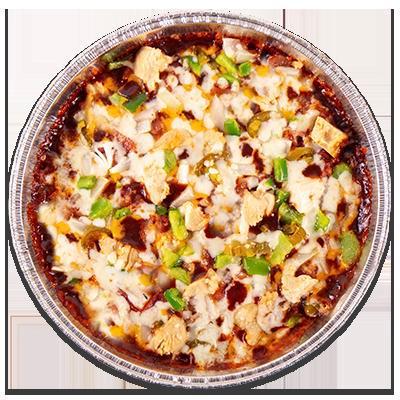 BBQ Blast Pizza · Grilled chicken with BBQ sauce, cheddar cheese, onion, bell peppers, jalapenos, bacon and mozzarella.