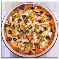 Veg-Out Pizza · Covered in onions, mushrooms, black olives, bell peppers, jalapenos and mozzarella.