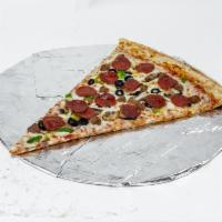 Jumbo Meal Buster Slice · Our secret recipe pizza sauce topped with pepperoni, Italian sausage, fresh mushrooms, fresh...