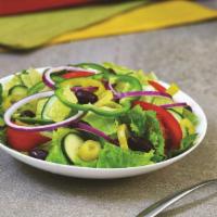 Garden Salad · Mixed Lettuce, green pepper, tomato wedges, red onion, cucumbers, Kalamata olives and banana...