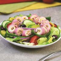 Chef Salad · Mixed lettuce, green pepper, tomato wedges, red onion, cucumbers, Kalamata olives, banana pe...