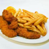 5 Piece Chicken Strips with Crispy Fries · Served with honey mustard.
