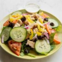 Grilled Chicken Breast Salad · Hormone free chicken breasts grilled and tossed with fresh veggies and your choice of dressi...