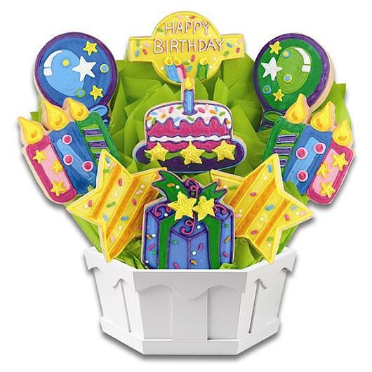 A148. Confetti and Candles Bright Bouquet · Bring sunshine and happiness to someone's special day with this bright and colorful birthday cookie bouquet. Made with sugar cookies. If you would like a custom message, please specify in the special instructions box.