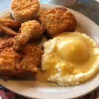 Southern Fried Chicken · Served with potato, biscuit and your choice of one: soup, salad or coleslaw.