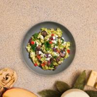 Pesto Mastah Mac  · Made with fresh spinach, olives, mushrooms, and peppers cooked in a creamy blend of pesto an...