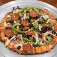 King Arthurs Supreme Pizza · Pepperoni, Italian sausage, salami, linguica, mushrooms, green peppers, onions and black oli...