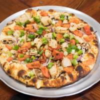 Chicken and Garlic Gourmet Pizza · Grilled white meat chicken, garlic, mushrooms, tomatoes, red and green onions and Italian he...
