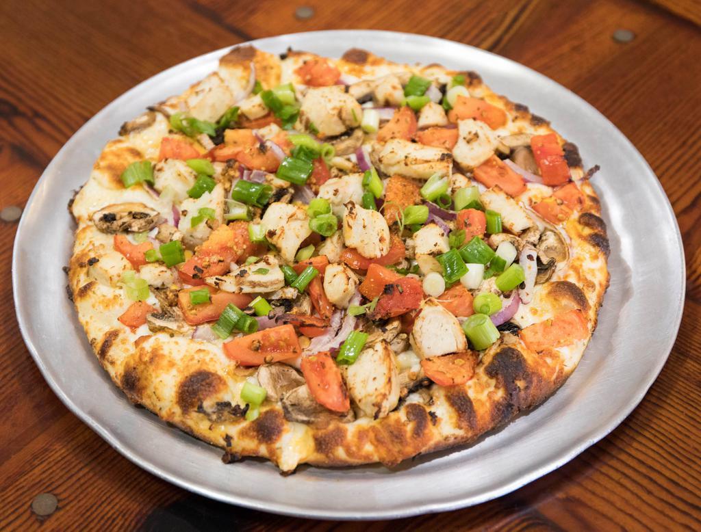Chicken and Garlic Gourmet Pizza · Grilled white meat chicken, garlic, mushrooms, tomatoes, red and green onions and Italian herb seasoning on creamy garlic sauce.