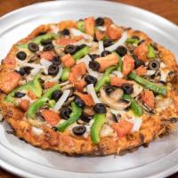 Guineveres Garden Delight Pizza · Tomatoes, mushrooms, green peppers, onions and black olives on zesty red sauce.