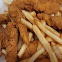 5 Pieces Chicken Strips with Fries · 5 pieces chicken strips with crispy french fries. Served with honey mustard.