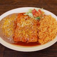 Enchiladas · 3 enchiladas stuffed with cheese and your choice of meat. Beans and rice on the side.