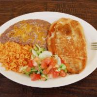 Chile Relleno · 1 chile relleno, served with rice, beans, and tortillas.