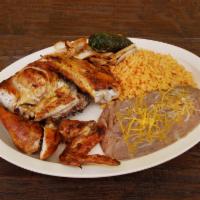 1/2 Chicken · Beans, rice, tortillas, grilled onions, jalapeno included frijoles, arroz, tortillas, ceboll...