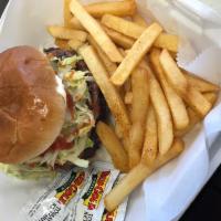 Cheese Burger · Served with lettuce, tomato, onion, and cheese. Served with french fries.