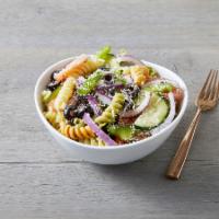 Pasta Salad · Tri-colored pasta, green peppers, red onions, tomatoes, cucumber, black olives, Parmesan che...