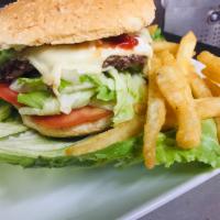 California Burger  · Served Swiss chese, lettuce, tomatoes, onions, mayo and ketchup.