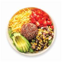 Prescott Bowl · Romaine, quinoa, corn and black bean salsa, grape tomatoes, cheddar cheese, and avocado. Ser...