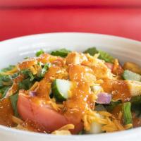 House Salad · Romaine lettuce, red onion, tomato, cucumber, shredded cheddar cheese and croutons with choi...