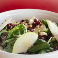 Michigan Apple Salad · Spring greens, apples, dried cranberries, toasted pecans and blue cheese crumbles with apple...