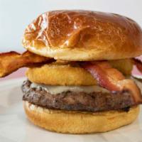 BBQ Bacon Cheeseburger · Fresh seasoned beef patty, white cheddar cheese, bacon, onion rings and BBQ sauce on a grill...