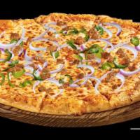 Mexican Pizza · Real mozzarella cheese, fresh sliced onions, smokey chorizo, beef, jalapeno and bell peppers.