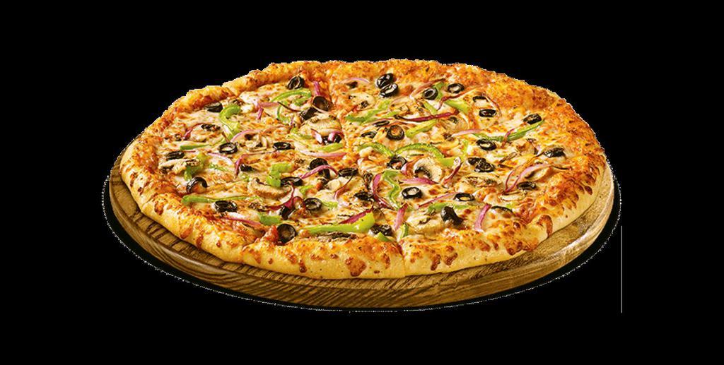 Vegetarian Pizza · Real mozzarella cheese, fresh spinach, fresh sliced onions, black olives, mushrooms and bell peppers.