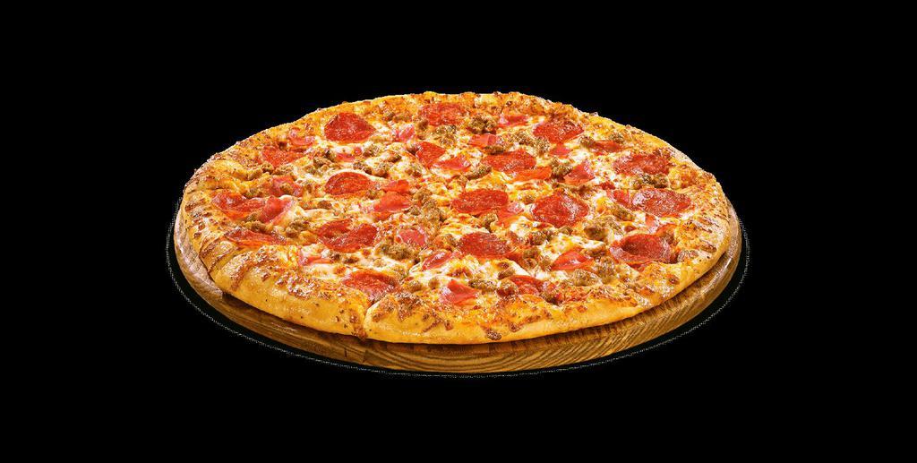 Carnivor-a Pizza · Meat lovers. Real mozzarella cheese, ground beef, zesty pepperoni, flavory ham, sausage and smokey chorizo.