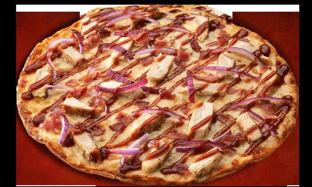 Chicken BBQ Pizza · Real mozzarella cheese, BBQ chicken strip and BBQ sauce.