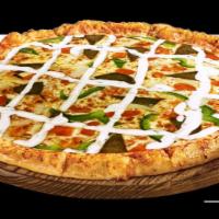 Gyro Tzatziki Pizza · Real mozzarella cheese, special gyro (lamb and beef) with tzatziki sauce, onion,bell pepper ...