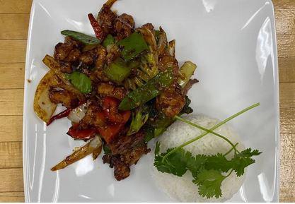 Spicy Beef Stir Fry- Bo Xao Cay · A mixture of beef, broccoli, green and red bell peppers, snow pea, onions combine with dark soy sauce and oyster sauce. Served with white steamed rice.