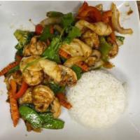 Spicy Shrimp and Squid Stir Fry - Tôm Mực Xào Cay · A mixture of shrimp and squid, broccoli, green and red bell peppers, snow pea, onions combin...