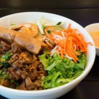 Grilled Pork, Shrimp and Egg Rolls - Bún Thịt Nướng (Heo) · A mixture of shredded lettuce, cucumbers, bean sprouts, carrots, basil and cilantro, topped ...
