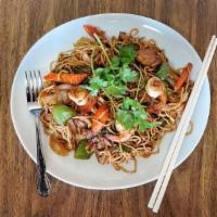 Mongolian Stir-Fry · Stir-fried soft chow mein noodles, broccoli, mushrooms, onions, carrots, bean sprouts, snow ...