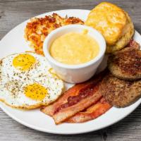 Rise and Shine · 2 fried eggs, bacon, sausage, hash brown casserole, choice of grits, and biscuit or toast.