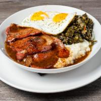 Giddy Up Grits · Country ham black eyed peas grits, flat iron steak, braised grees, and red eye gravy.