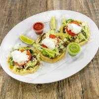 6. Sopes · Chicken, steak, pork, pastor, chorizo, barbacoa lamb and beef or ground beef, all come with ...