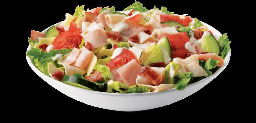 Chef Salad · Turkey, ham, bacon, Swiss, tomatoes, cucumbers and ranch.