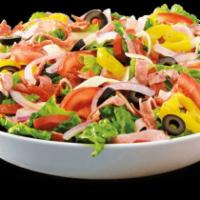Classic Italian Sub Salad · Pepperoni, salami, capicola, ham, provolone, black olives, banana peppers, tomatoes, onions ...