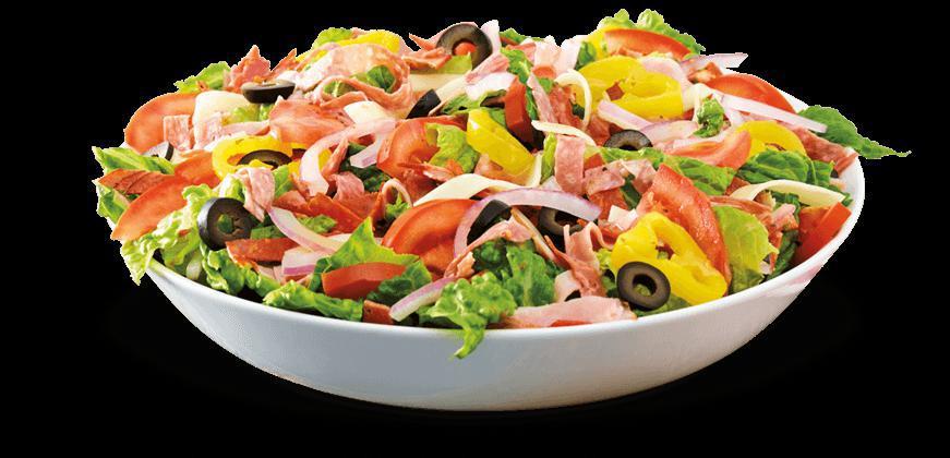 Italian Salad · Pepperoni, salami, capicola, ham, provolone, black olives, banana peppers, tomatoes, onions and red wine vinaigrette.