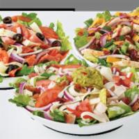 Veggie Guacamole Salad · Cheddar, mozzarella, black olives, cucumbers, mushrooms,
green peppers, lettuce, tomatoes, o...