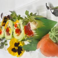 Van's Cucumber Roll · 5 pcs, cucumber with crab meat, tuna, salmon, mango, avocado, kaiware, topped fish egg & ses...