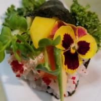Van's Special Hand Roll · Salmon, cucumber, avocado, real crab meet, kaiware, mango, fish eggs. Served with an edible ...